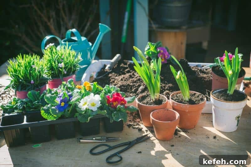 flowers being transferred from plastic seed trays to pots 
