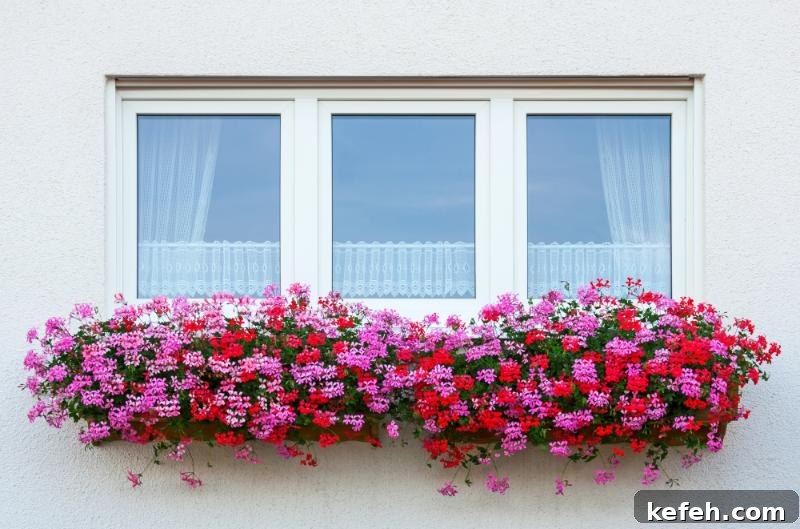 geranium flowers in a window box