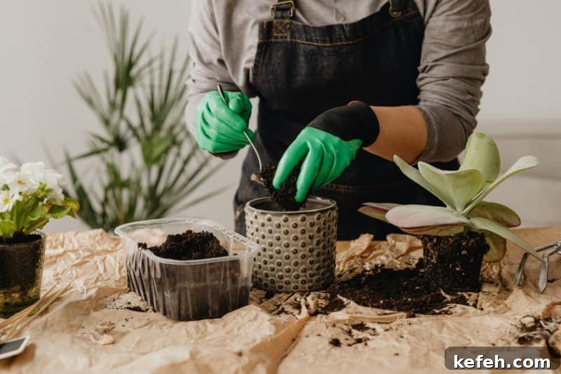person wearing gardening gloves transferring a succulent to a pot