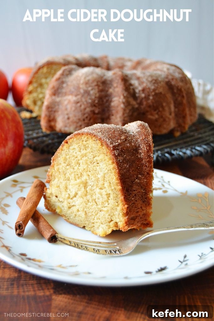 a slice of apple cider donut cake on a white plate with cinnamon sticks and a fork