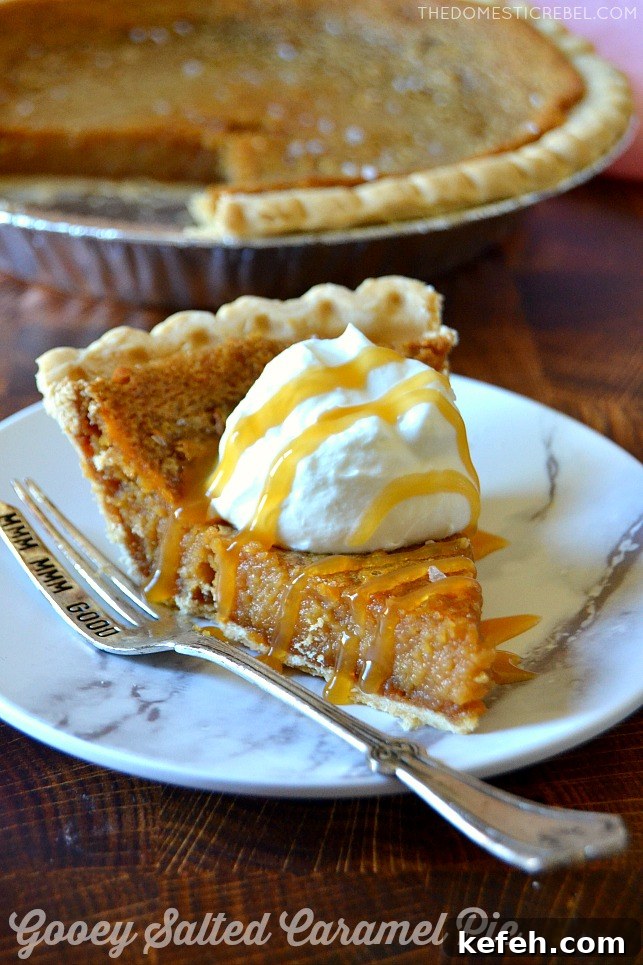 photo of a slice of salted caramel pie on a white plate