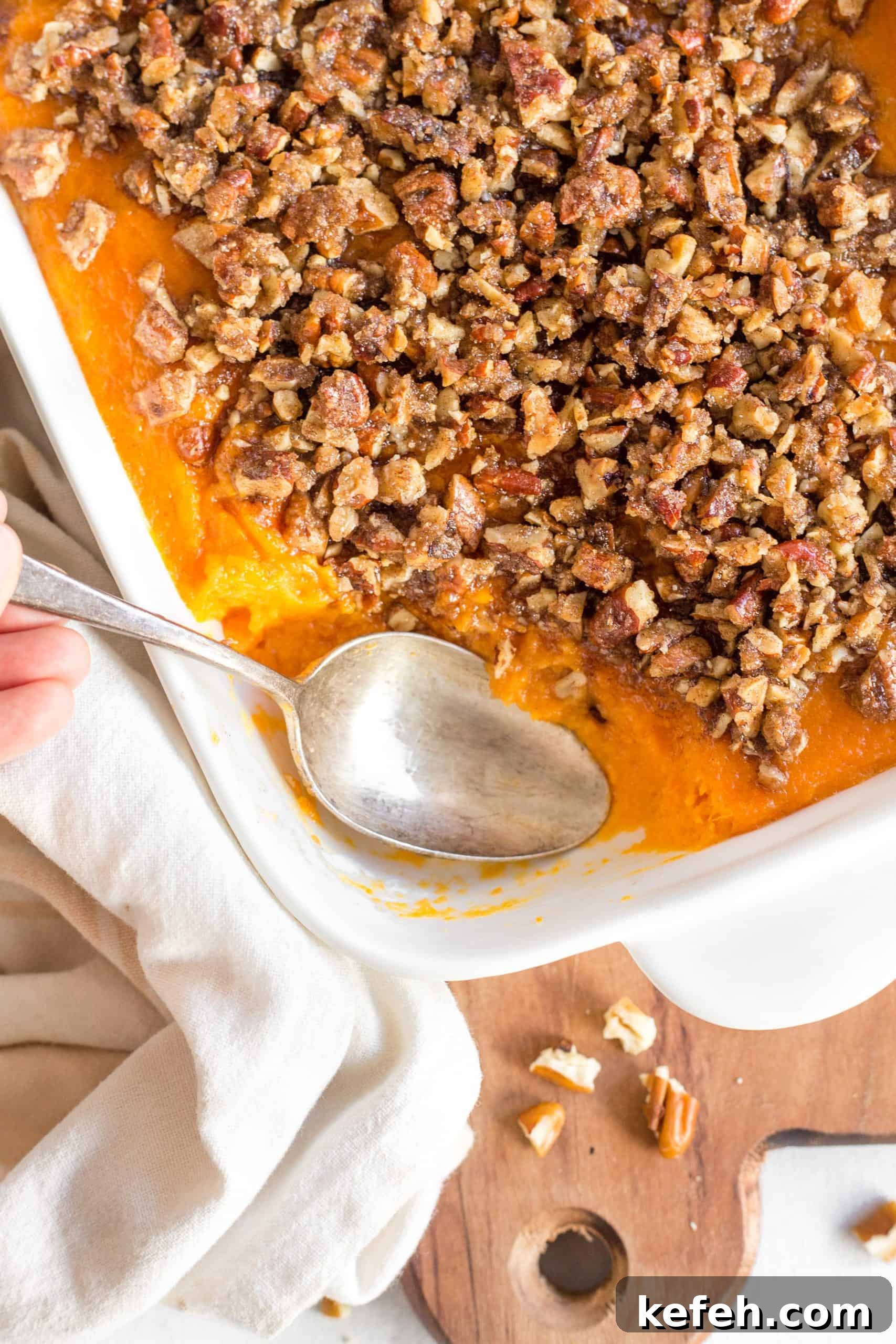 Sweet Potato Casserole (Gluten-Free, Dairy-Free) Half eaten gluten-free sweet potato casserole.