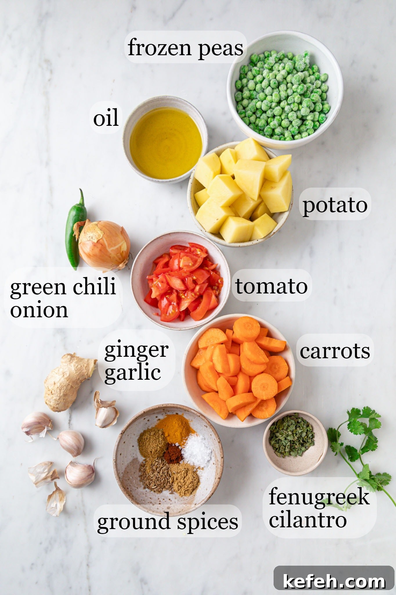 Mixed Vegetable Curry Recipe: Flavorful Indian Veggie Stew 4 Ingredients for making Mixed Vegetable Curry on a marbled surface