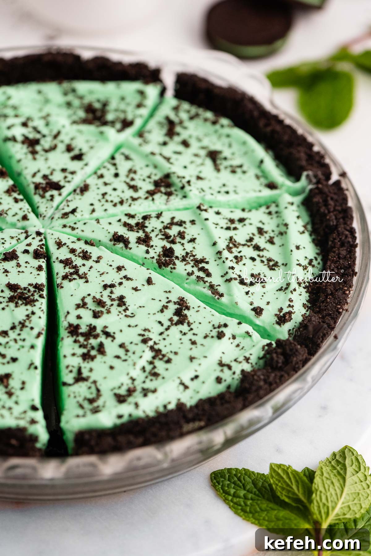 Creamy No-Bake Mint Chocolate Pie Recipe 5 No bake mint chocolate pie sliced in a glass pie plate on a white background | © Beyond the Butter®