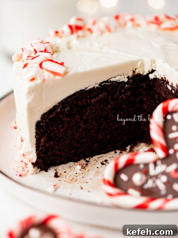 Creamy No-Bake Mint Chocolate Pie Recipe 7 Single layer peppermint chocolate cake sliced with candy cane heart placed on the dessert plate.