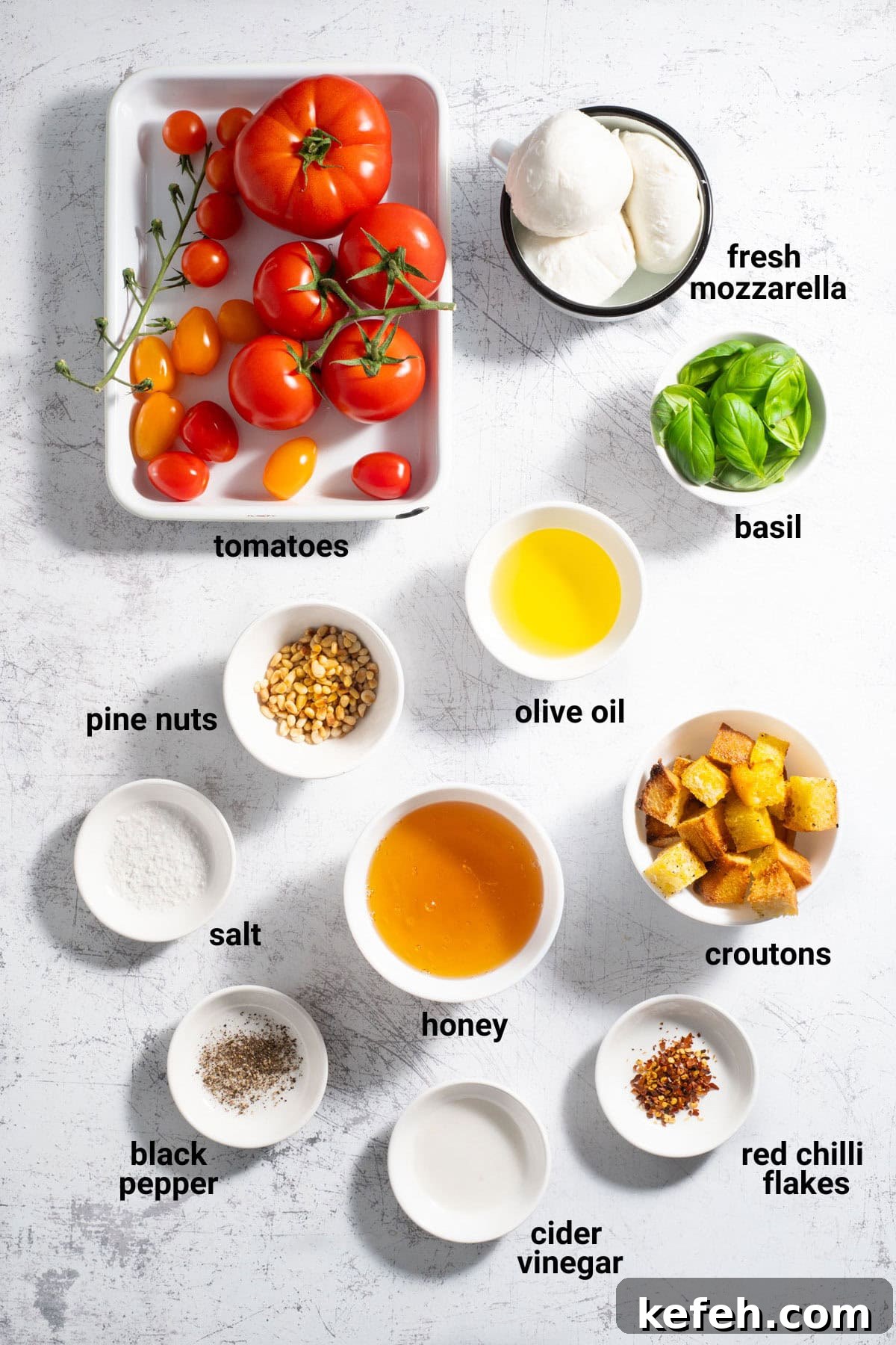 Caprese salad with hot honey dressing ingredients.