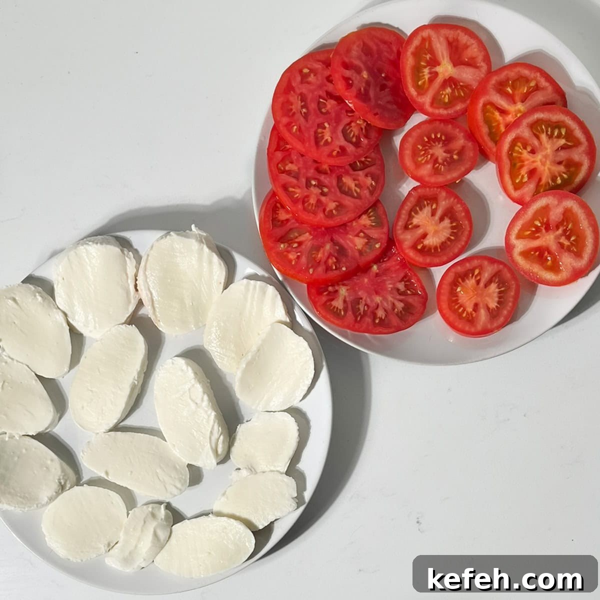 Sliced mozzarella and tomatoes on white plates.