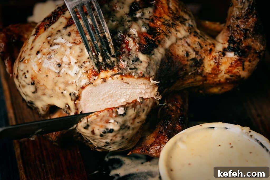 Beer can chicken covered in beer cheese being sliced.