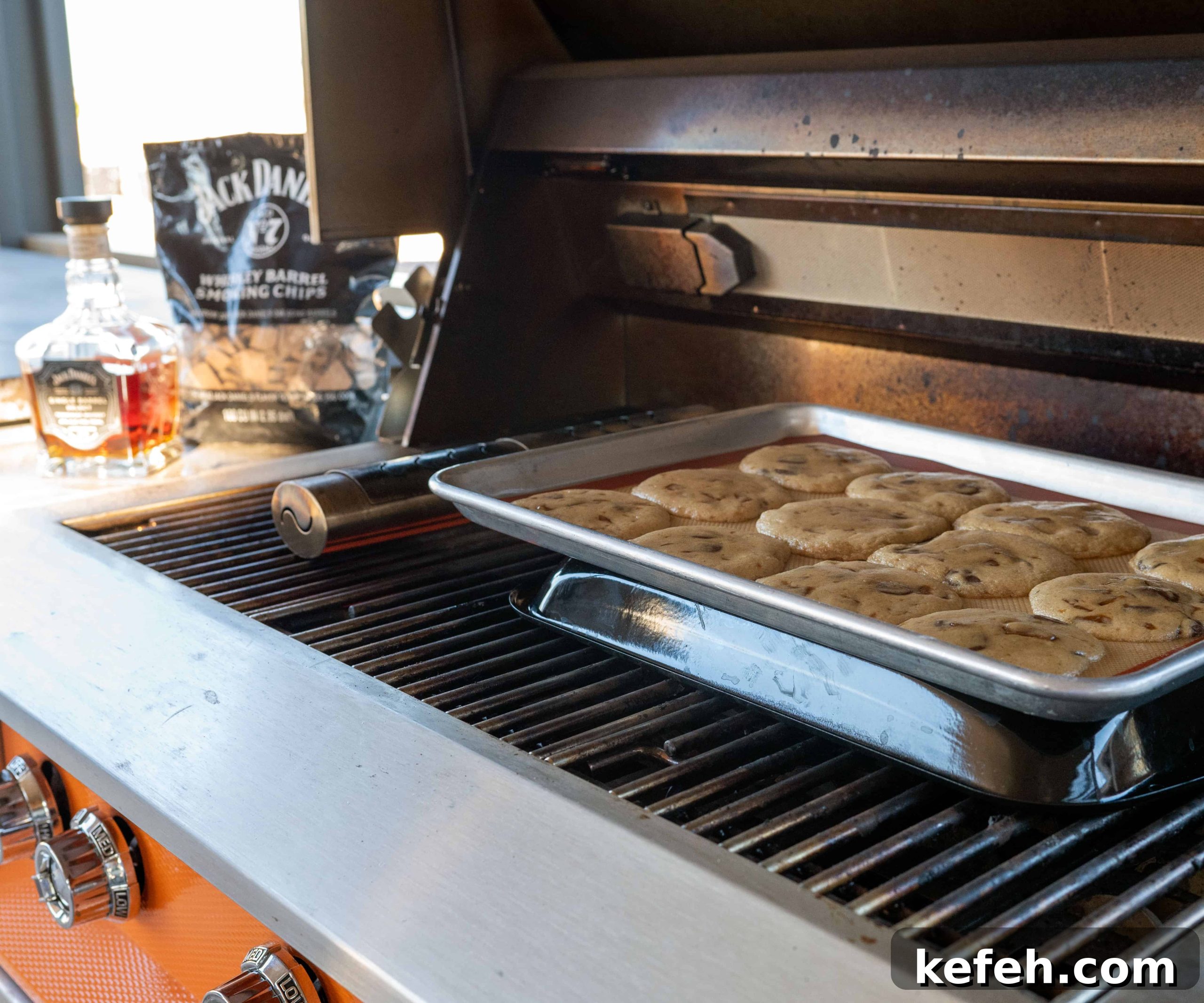Whiskey Toffee Chocolate Chip Cookies Recipe for Rich Flavor 5 cookie sheet elevated on another pan on the grill