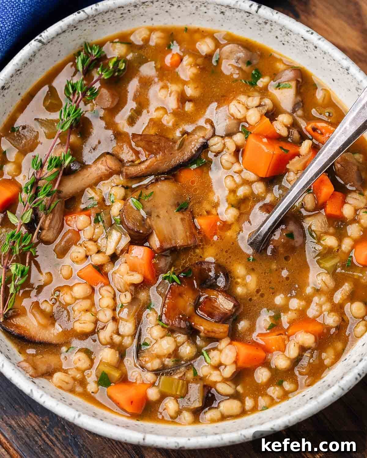 White bowl of mushroom barley soup.