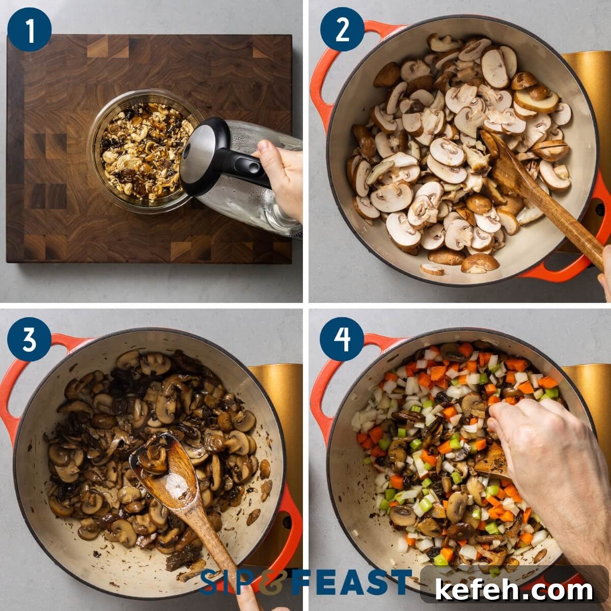 Mushroom barley soup recipe process collage group one showing reconstituting dry mushrooms and sauteing mushrooms and vegetables in Dutch oven.