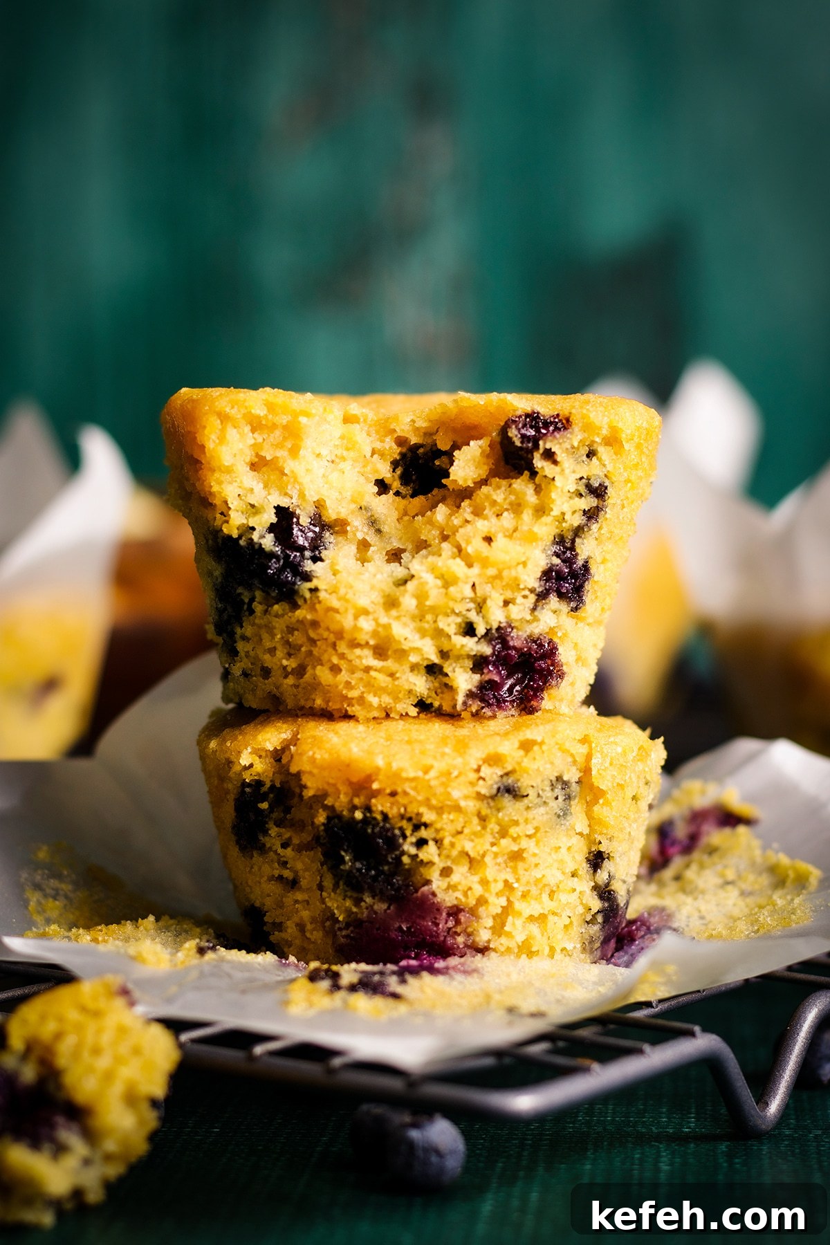 Two blueberry corn muffins, one stacked on top of the other.