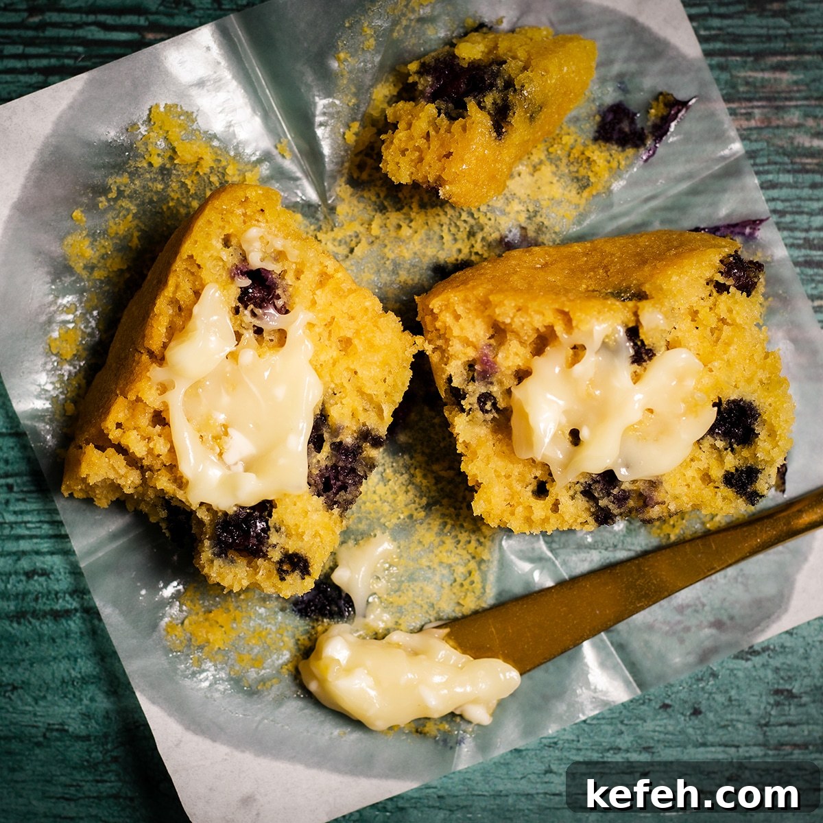 A blueberry corn muffin that's been split in half and spread with honey butter.