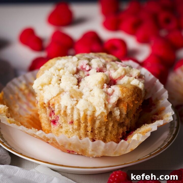 A large raspberry muffin on a plate surrounded by fresh raspberries.