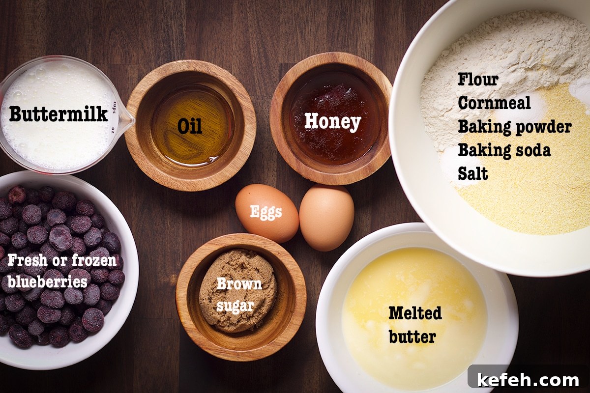 All the ingredients needed to make blueberry corn muffins.