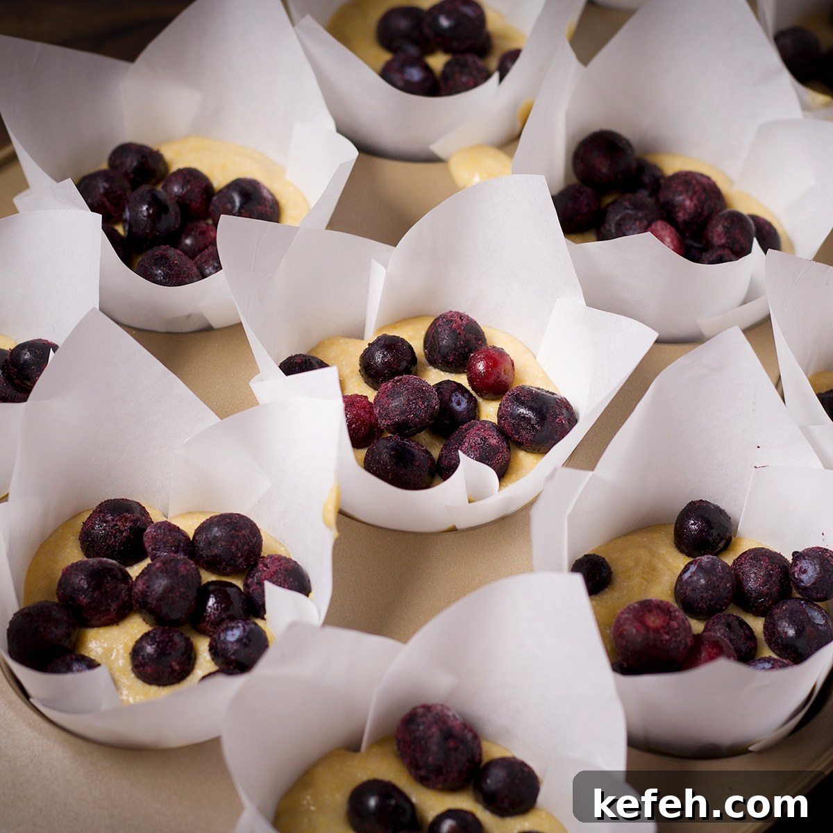 A muffin tin filled with raw blueberry corn muffin batter.