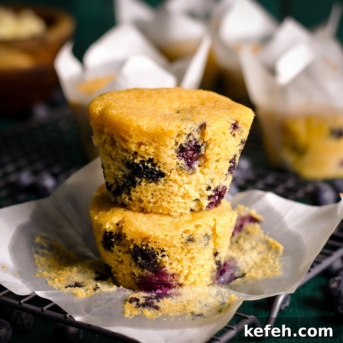 A stack of two blueberry corn muffins with several other muffins in the background.