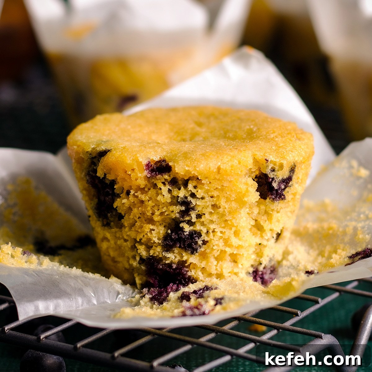 A blueberry corn muffin with it's paper unwrapped.