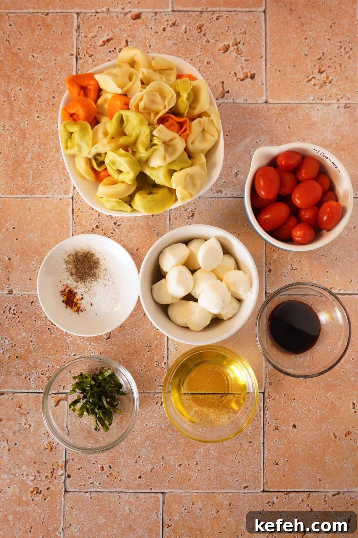 Caprese Tortellini Pasta Salad with Cherry Tomatoes & Basil 4 caprese tortellini pasta salad ingredients on table