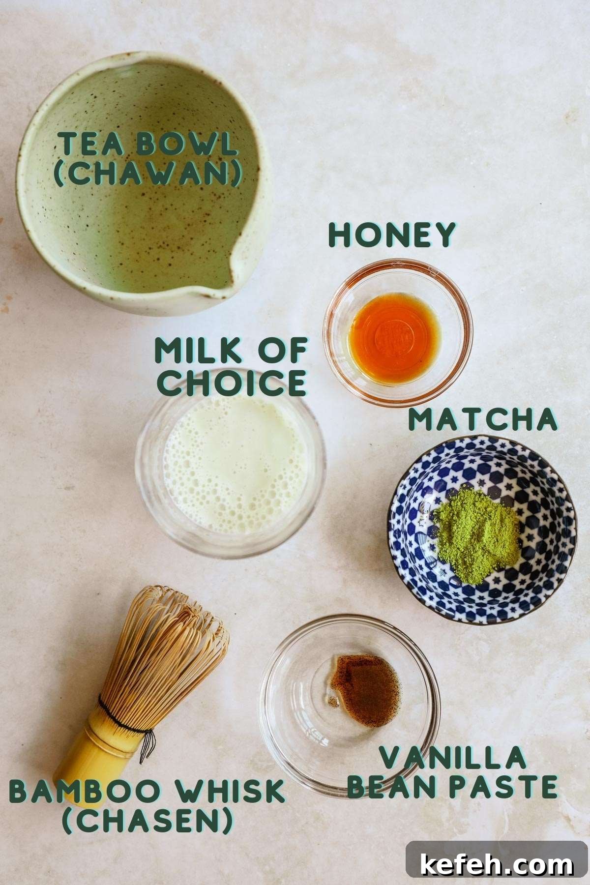 Ingredients to make a hot or iced vanilla matcha latte with honey.