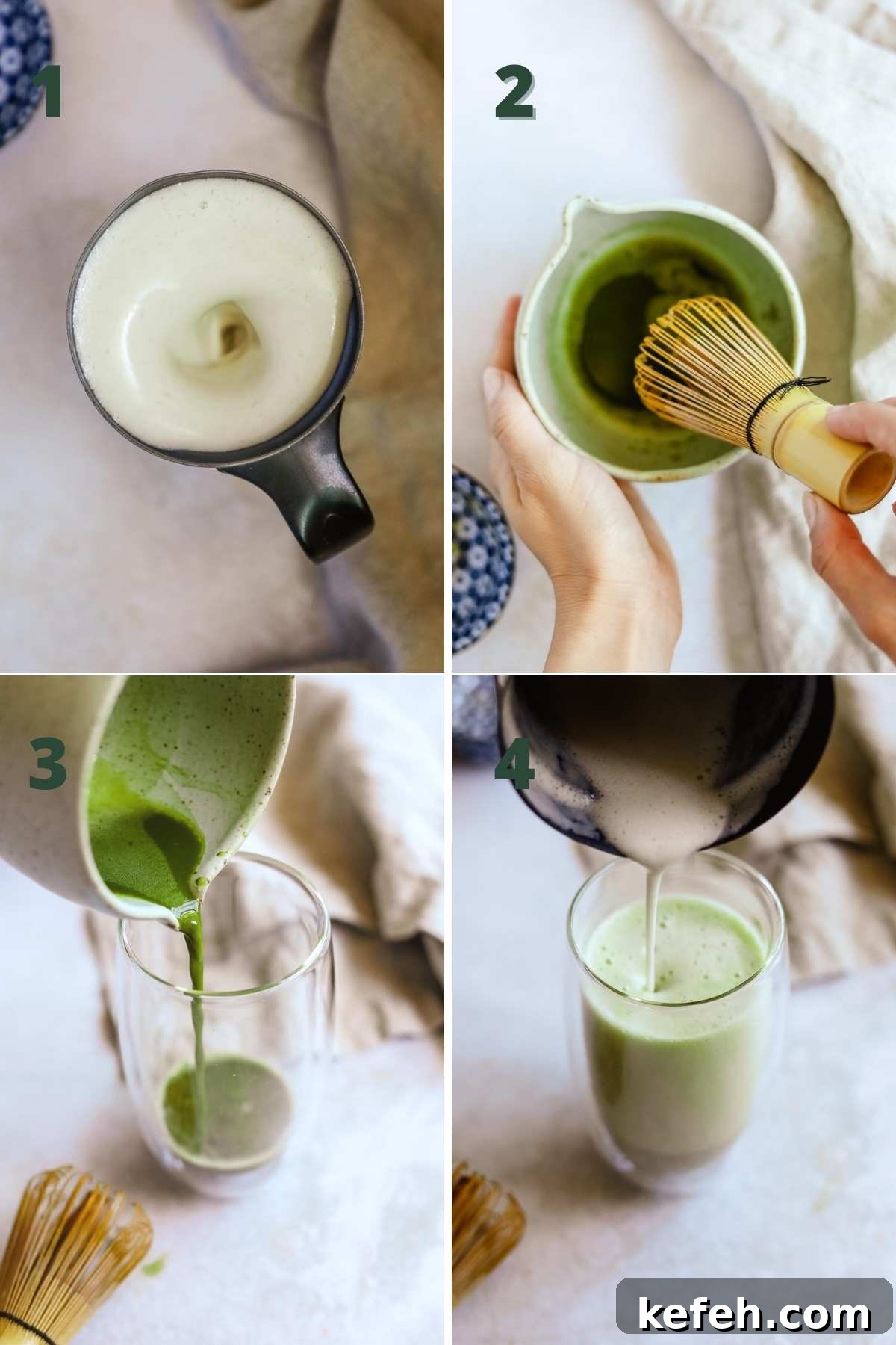 Steps to make a vanilla matcha latte iced or hot, including whisking the matcha with water, sweetening the milk, pouring the matcha into the glass, and adding milk.