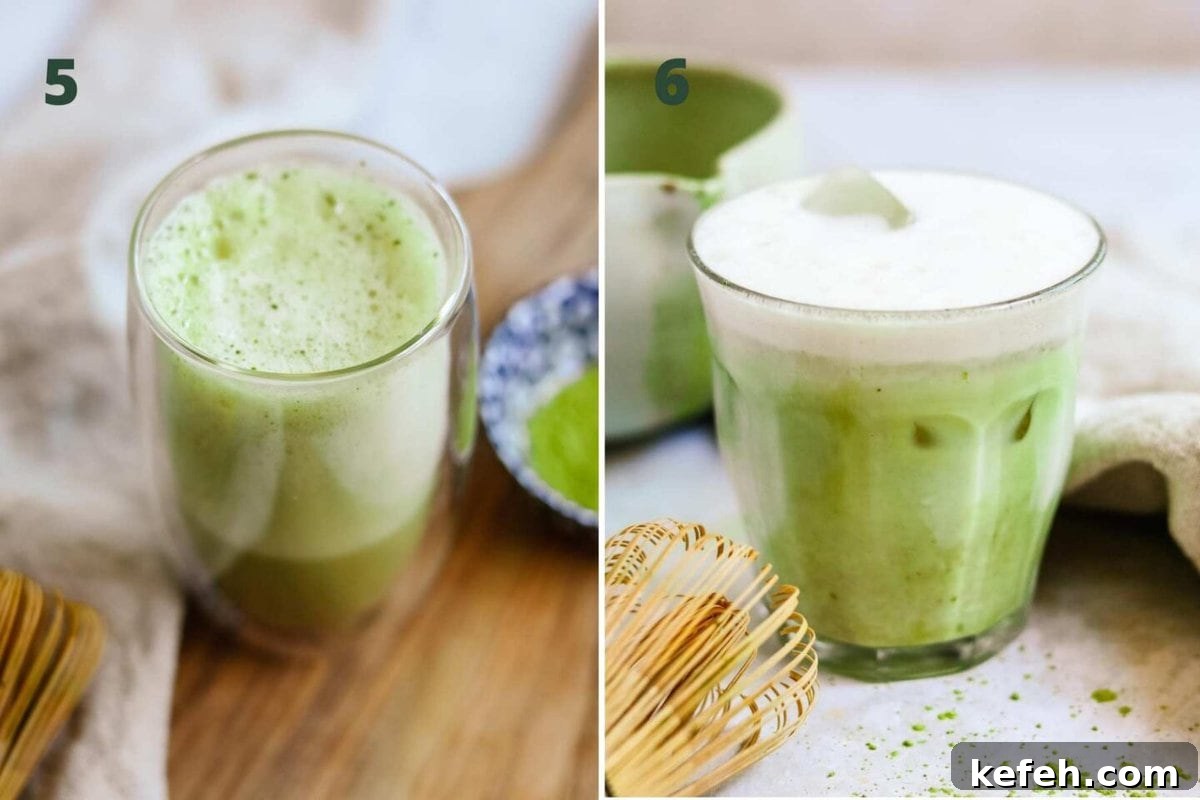 Steps to make a vanilla matcha latte iced or hot, including serving hot or adding ice.