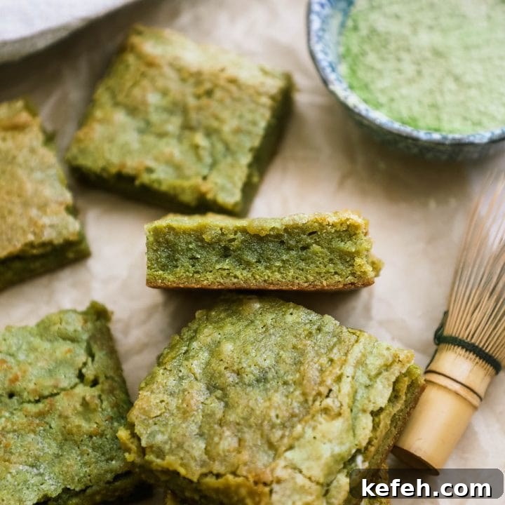 Fudgy green tea matcha brownies with soft and chewy center.
