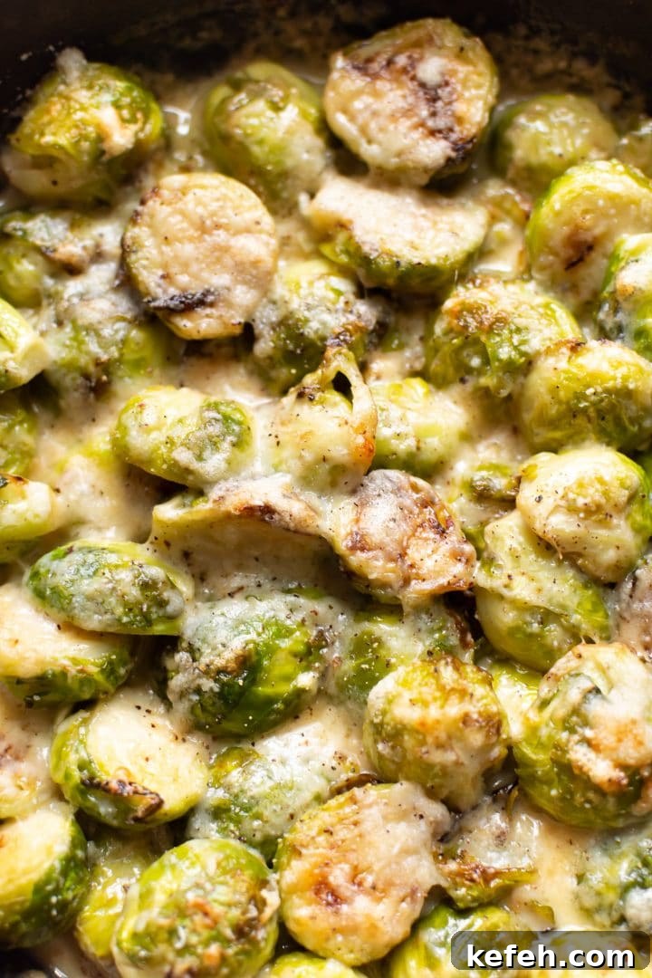 Creamy Brussels Sprouts Gratin with Parmesan and Garlic 4 close-up of cheesy Brussels sprouts gratin