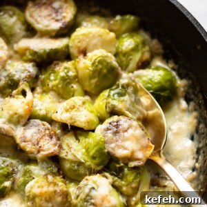 Creamy Brussels Sprouts Gratin with Parmesan and Garlic 5 close-up spoonful of brussels sprouts au gratin