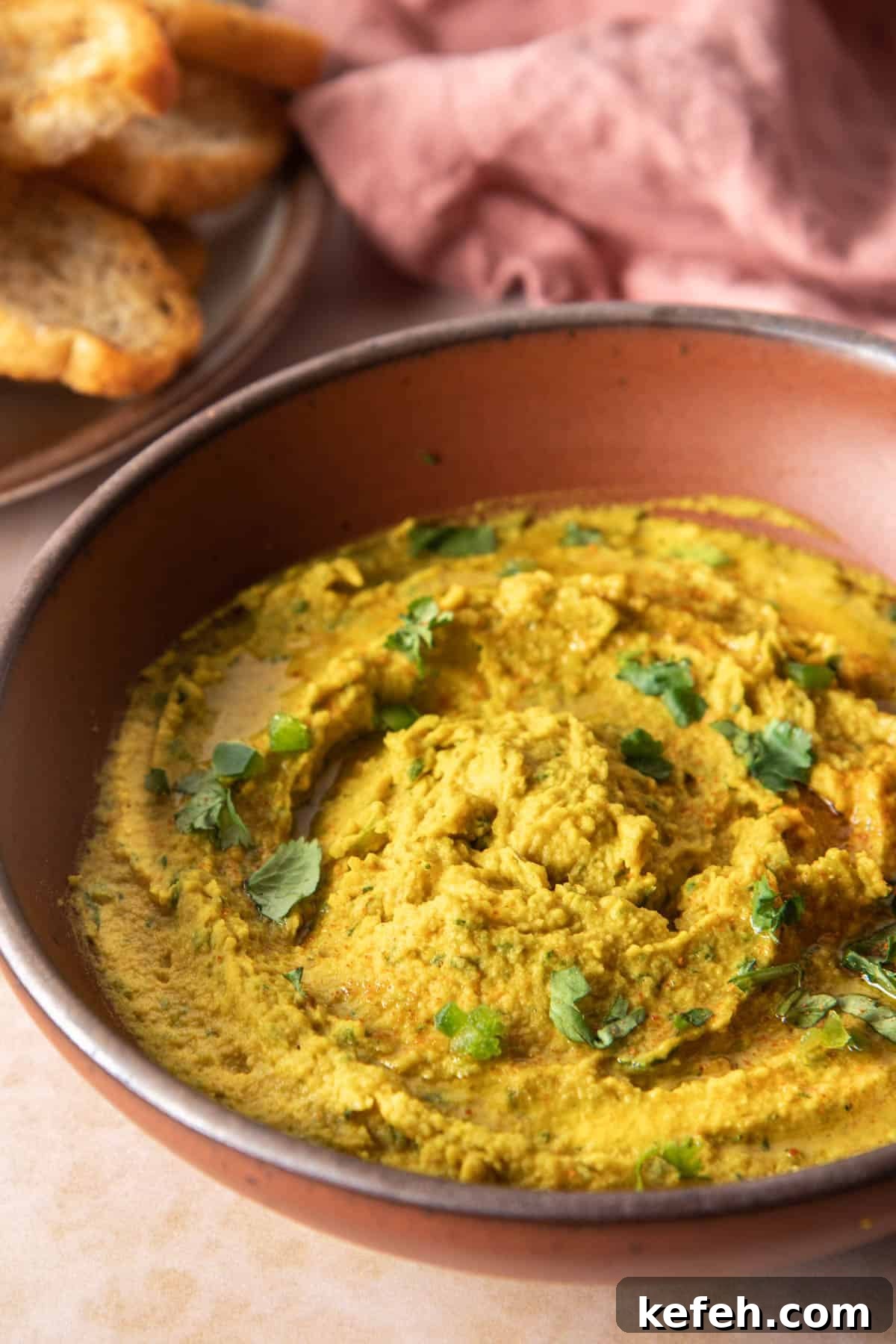 Zesty Spicy Chickpea Dip Recipe for Parties and Snacks 2 Side angle of chickpea dip with crostini and napkin in the background