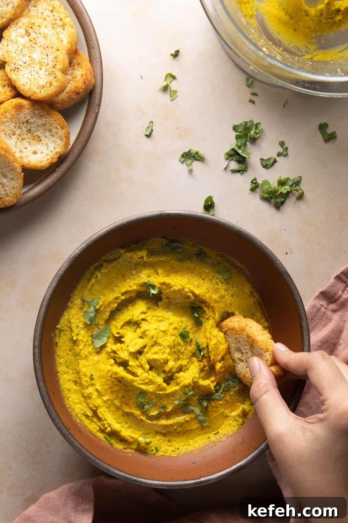 Zesty Spicy Chickpea Dip Recipe for Parties and Snacks 6 Overhead shot of chickpea dip in bowl with hand dipping crostini in it