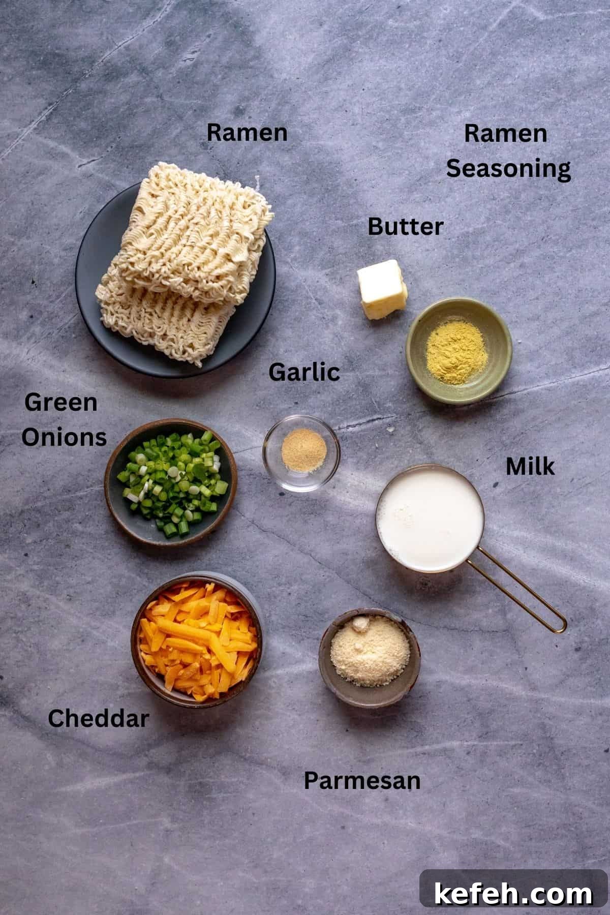 10-Minute Creamy Cheesy Ramen 3 Ingredients needed to make this recipe on a counter in bowls.