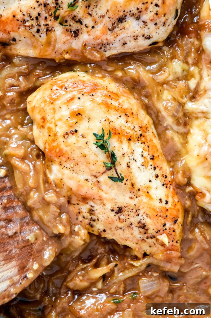 french onion baked chicken breasts in a pan with caramelized onions.