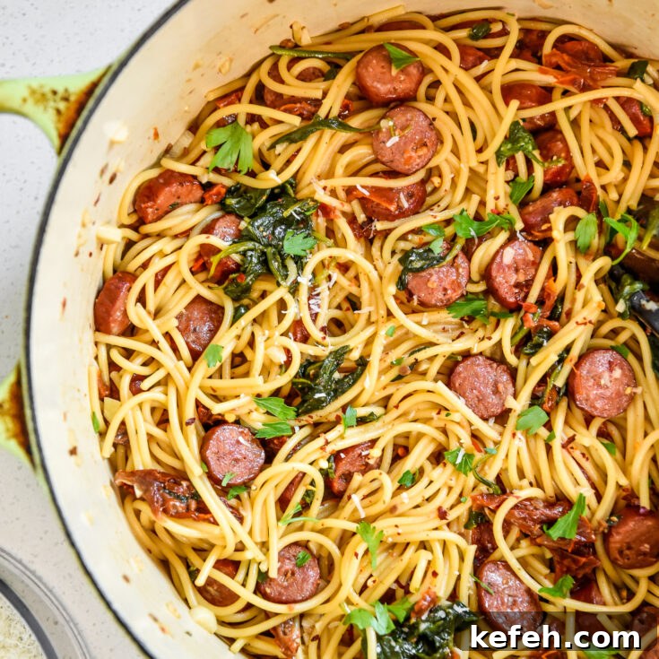 one pot italian sausage pasta just cooked in a big pot