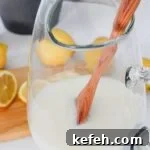 Pitcher of Creamy lemonade before the ice is added in.