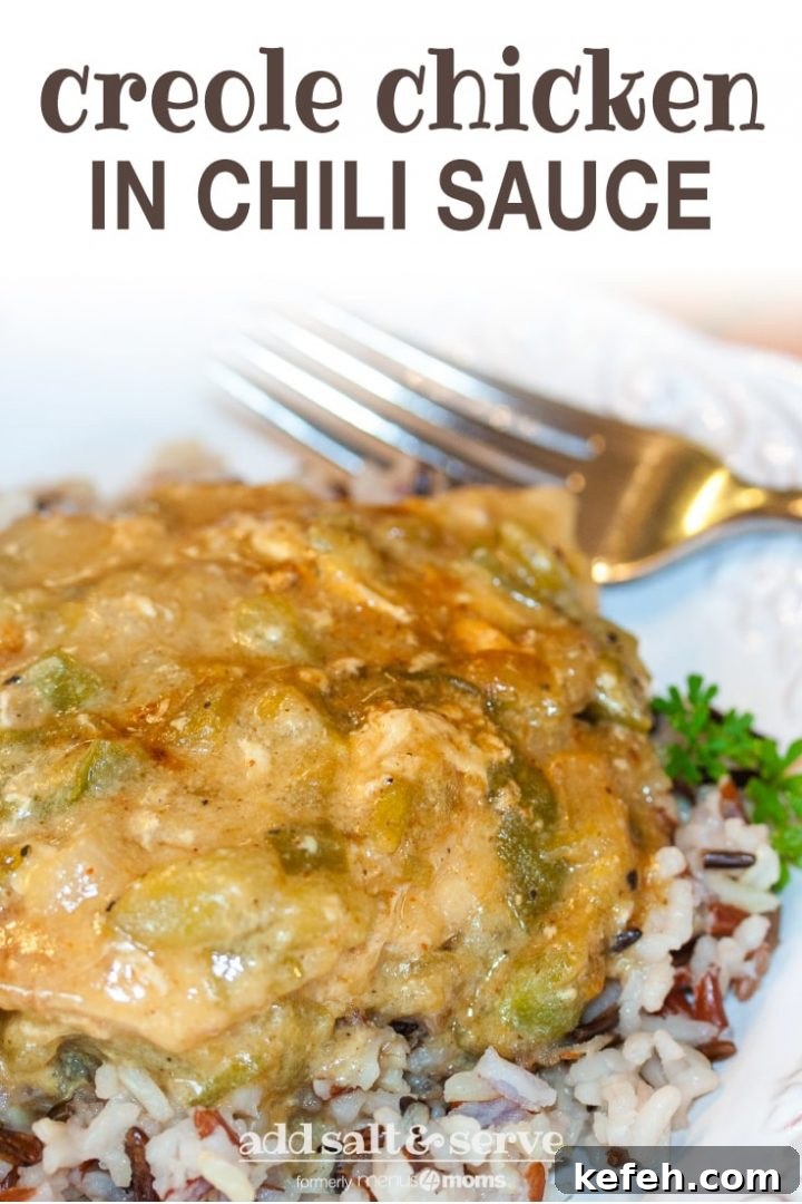 Creole Chicken Chicken with chili cream sauce on a bed of rice on a white plate. There is a fork at the top of the plate. Text creole chicken in chili sauce add salt & serve former menus4moms