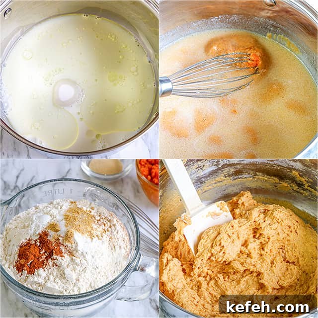 collage of photos adding ingredients to a bowl to make cinnamon roll dough