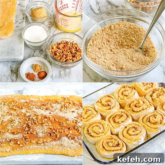 collage of photos showing how to make and add the cinnamon sugar filling to the cinnamon rolls