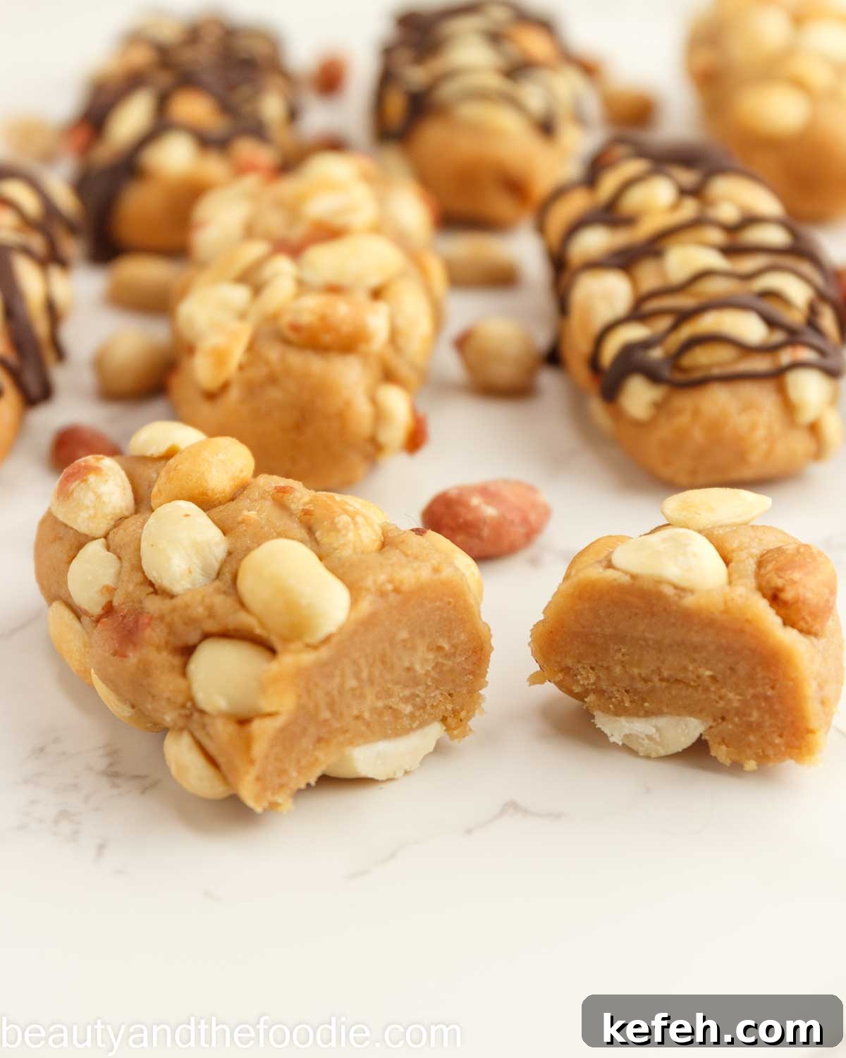 A keto payday bar with peanuts cut in half.