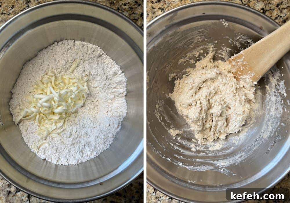 two photos; one shows grated butter added to Bisquick and baking powder in a mixing bowl; the other shows the biscuit dough after milk is added.