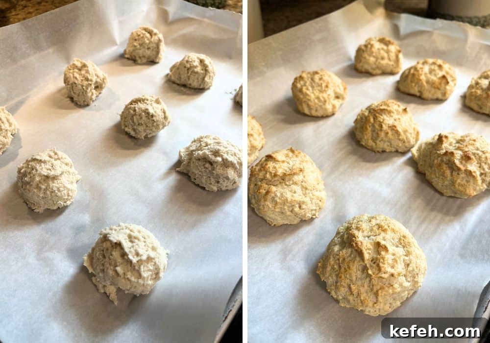 two photos; one shows rounds of biscuit dough on a parchment-lined baking sheet; the other shows the freshly baked biscuits on the baking sheet.