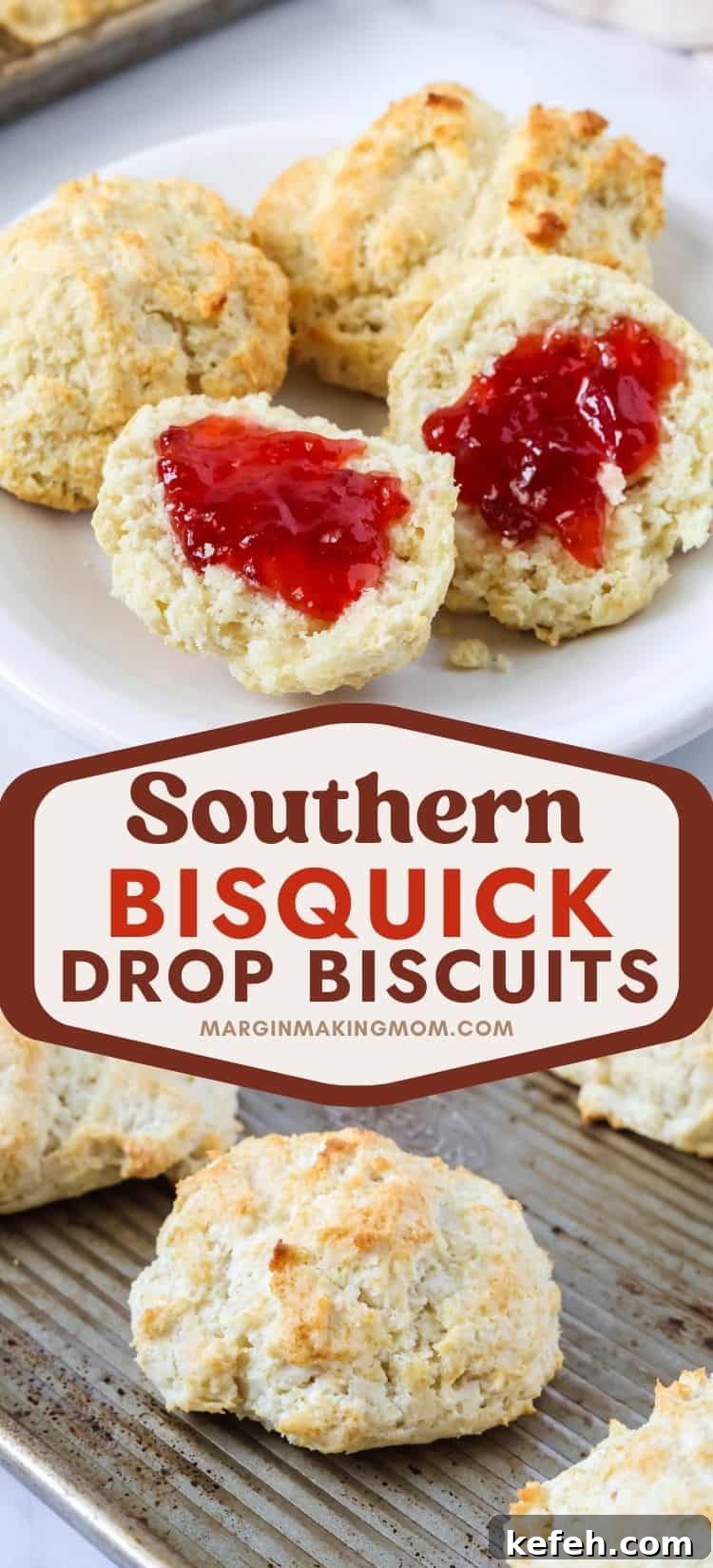 two photos; one shows southern drop biscuits made with Bisquick, served on a white plate. One biscuit is spread with jam. The other photo shows the fluffy drop biscuits on a baking sheet.