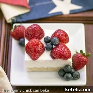 Berry Cheesecake Flag Dessert - Shortbread crust covered with a light whipped cheesecake filling, then decked out like the American flag with luscious, ripe berries!