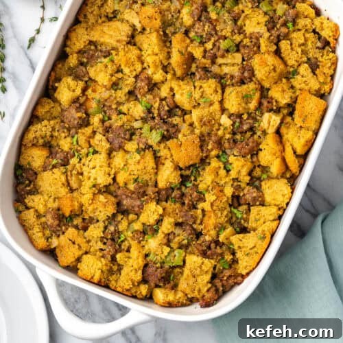 Cornbread stuffing in a white casserole dish sitting on a marble counter.