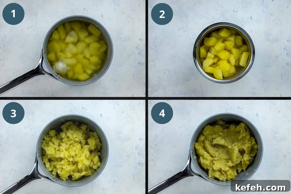 Creamy Dairy-Free Mashed Potatoes: Fluffy, Vegan Recipe 4 photo collage of recipe steps.