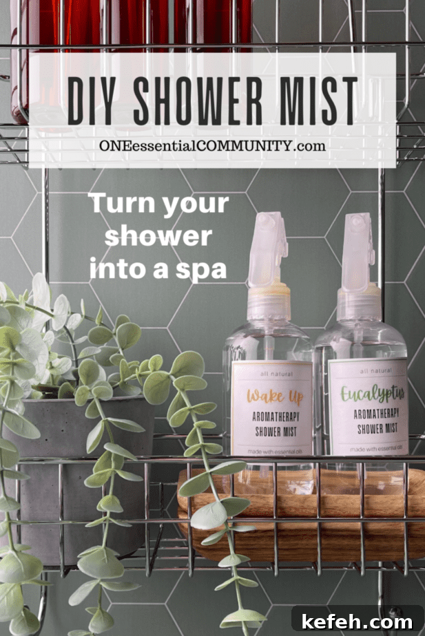 DIY Aromatherapy Shower Mist: Step-by-Step Recipe for Relaxing Scents 2 DIY Shower Mist by oneessentialcommunity.com -- turn your shower into a spa -- shows 2 spray bottles and a plant on a shower organizer