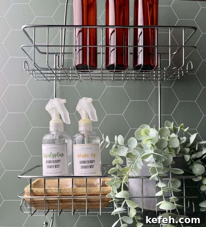 DIY Aromatherapy Shower Mist: Step-by-Step Recipe for Relaxing Scents 7 2 aromatherapy shower mist spray bottles and a plant on a shower organizer