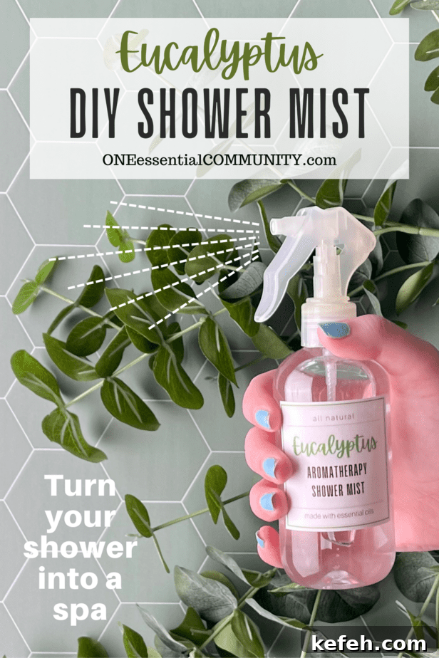 DIY Aromatherapy Shower Mist: Step-by-Step Recipe for Relaxing Scents 8 Eucalyptus DIY Shower Mist by oneessentialcommunity.com -- turn your shower into a spa -- shows hand holding shower mist bottle over eucalyptus branches