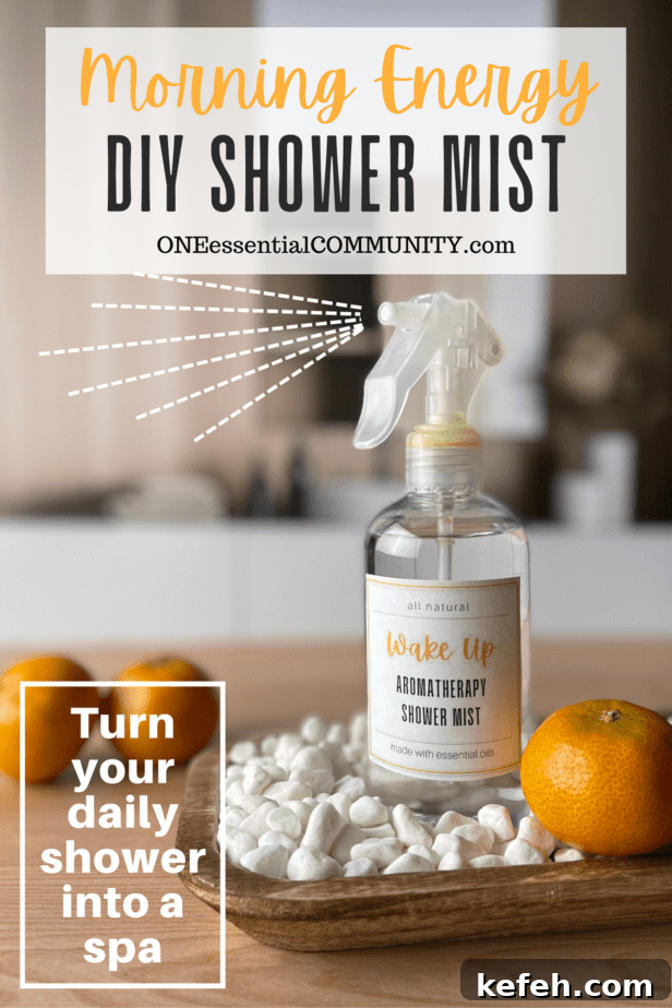 DIY Aromatherapy Shower Mist: Step-by-Step Recipe for Relaxing Scents 9 Morning Energy DIY Shower Mist by oneessentialcommunity.com -- turn your shower into a spa -- shows shower mist bottle on wooden tray next to 3 clementines on spa countertop