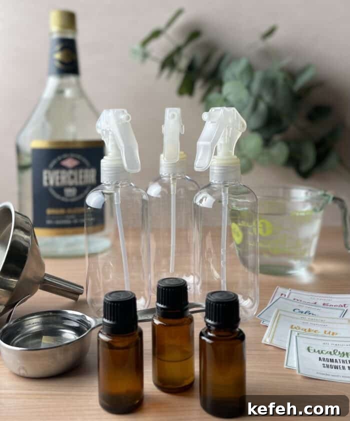 DIY Aromatherapy Shower Mist: Step-by-Step Recipe for Relaxing Scents 3 supplies for homemade shower mist- essential oil, spray bottles, Everclear, measuring cup with water, funnel, and printable labels